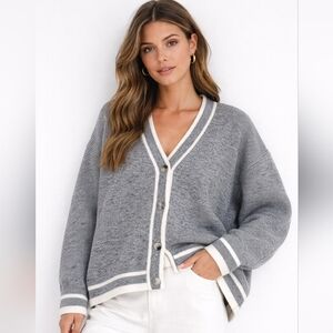 A New Day Varsity Fuzzy Boyfriend Cardigan Gray White Trim XL